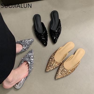 Модные SUOJIALUN 2024 Весенние Новые Женские Тапочки Модные Блестящие Мелкие Слипоны Мюли Обувь Острый Носок Плоский Каблук Уличные Нарядные Сандалии Шо