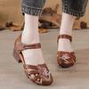 New Mid Heels Sandals Woman Summer Genuine Leather Shoes for Women Embroidered Floral Sandal Retro Heeled Shoes Hook Loop Pumps