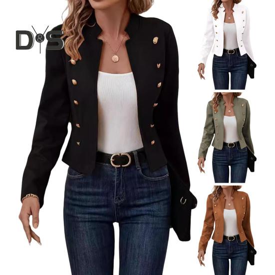 Женская куртка с воротником-стойкой, длинный рукав, двубортный короткий костюм, пальто, однотонная деловая верхняя одежда