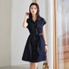 Flip collar single breasted short sleeved denim dress for summer 2026, thin, casual, versatile, mid length skirt