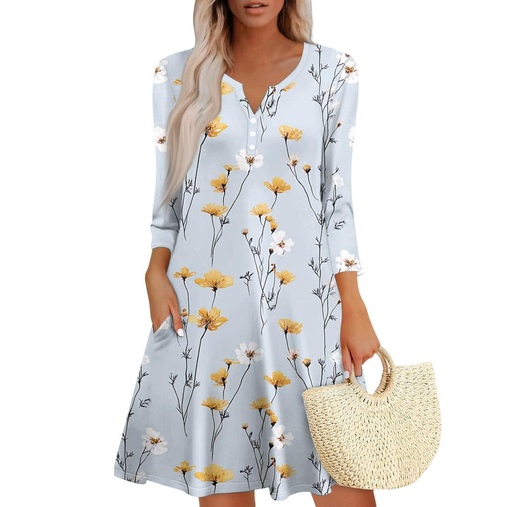 Женское модное платье с V-образным вырезом, пуговицами, рукавами длиной семь восьмых, карманом и цветочным принтом