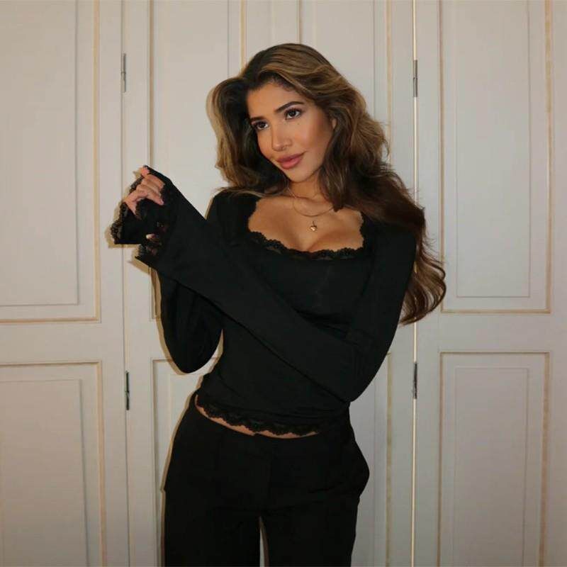 Foreign Trade 2025 Spring New European and American Women's Fashion Pure Desire Style Sexy Lace Trim Slim Fit Crop Top for Women