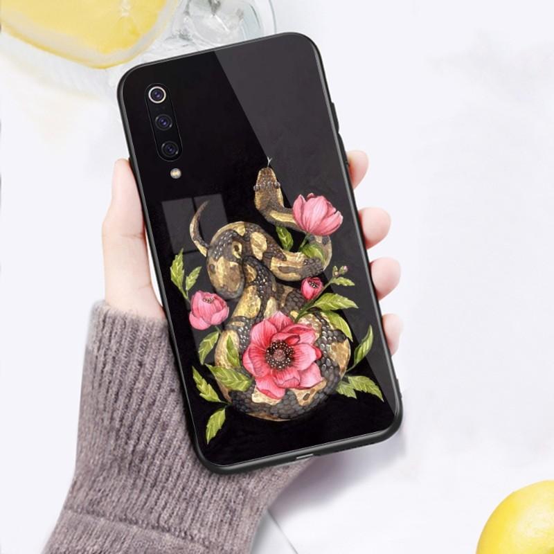 Чехол для телефона со змеей и цветком для Xiaomi 12 11T 10 9 Redmi Note 11 10 10S Pro Redmi 9 9A 8, черный стеклянный чехол для телефона из поликарбоната