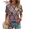 Женская футболка в стиле Харадзюку в стиле бохо, летние повседневные топы с графическим принтом и короткими рукавами, уличная модная футболка с v-образным вырезом, женская одежда