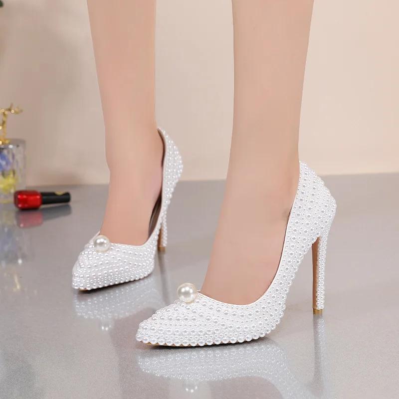 Новые туфли на высоком каблуке с острыми краями, белые жемчужные свадебные банкетные туфли принцессы на высоком каблуке, модные женские босоножки класса люкс
