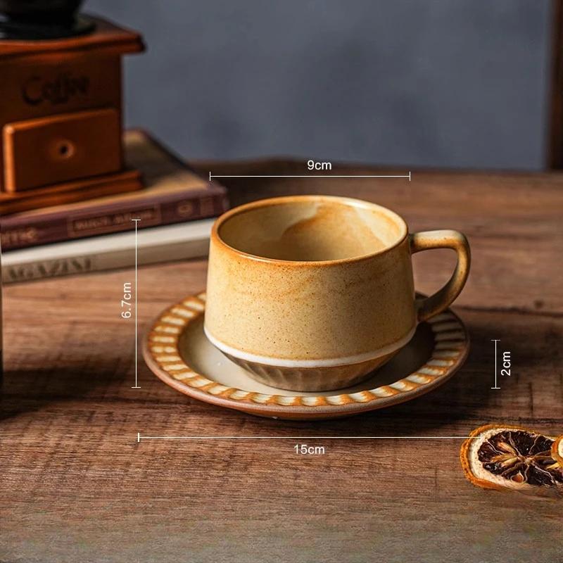High-class Sense of Retro Coffee Cups and Saucers Set of Creative Rough Pottery Flower Cups Household High-grade Exquisite Mugs