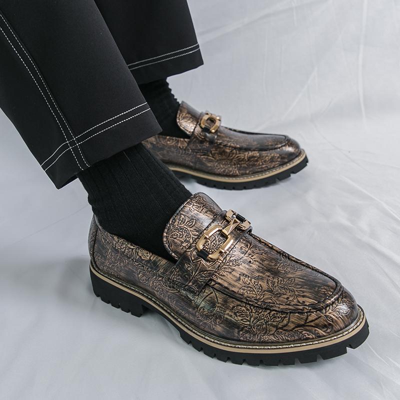 Golden Print Man Dress Shoes Pointed-toe Designer Men Business Shoes Anti-slip Platform Formal Leather Shoes Zapatos De Vestir