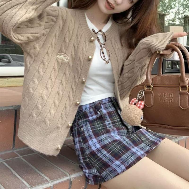 Осенний кардиган свитер с круглым вырезом на пуговицах, женский, с вязаным узором «косы», женская куртка в колледжском стиле