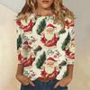 Women's Fashion  And Winter Casual Round Neck Brushed Ribbed Christmas Print Three-quarter Sleeve T-shirt Women's Clothing
