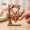 Decorative Wooden Christmas Figures Ornaments, Santa Snowman Figurine with Moving Festive Fireplace Ornaments Swing, Rustic Holiday Tabletop