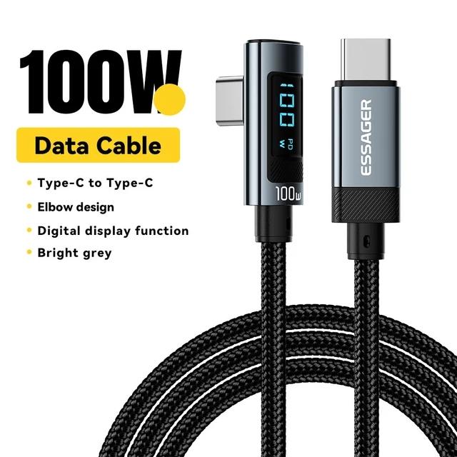 Essager PD100W Кабель USB Type C к USB C 5A Кабель для быстрой зарядки 90 ° Светодиодный кабель цифрового дисплея для Huawei Xiaomi Samsung MacBook