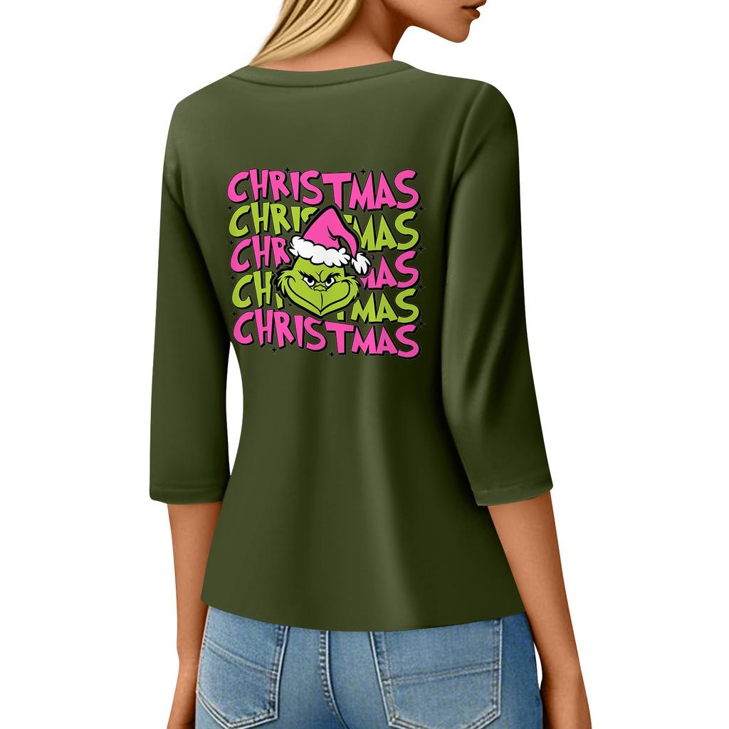 3/4 Sleeve Tops For Women T-Shirt Casual Christmas Print Tops T Shirt Round Neck Pullover Blouse