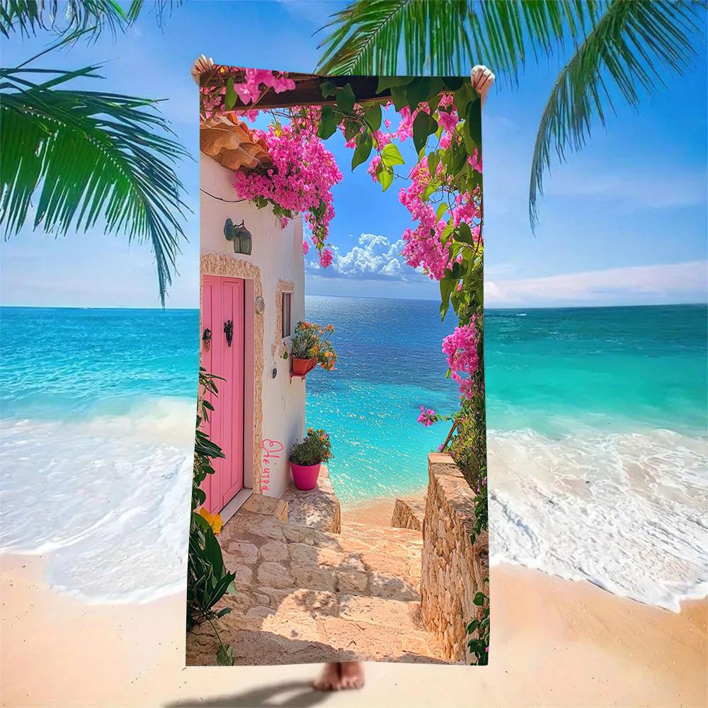 Живописный пляжный коврик Door Beach Towel, супервпитывающий, быстросохнущий, из микрофибры, с принтом 'Вид на океан', мягкий, не собирающий песок, для пикника, прибрежный