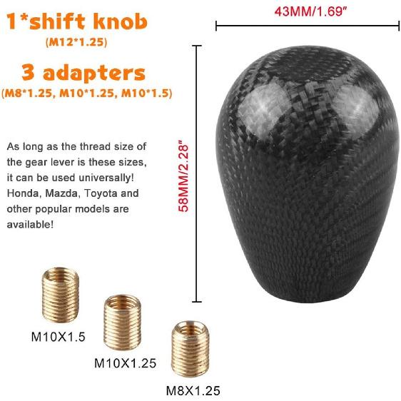 Carbon Fiber Shift Knob with Adapters, Black Oval Ball Stick Shifter Knobs