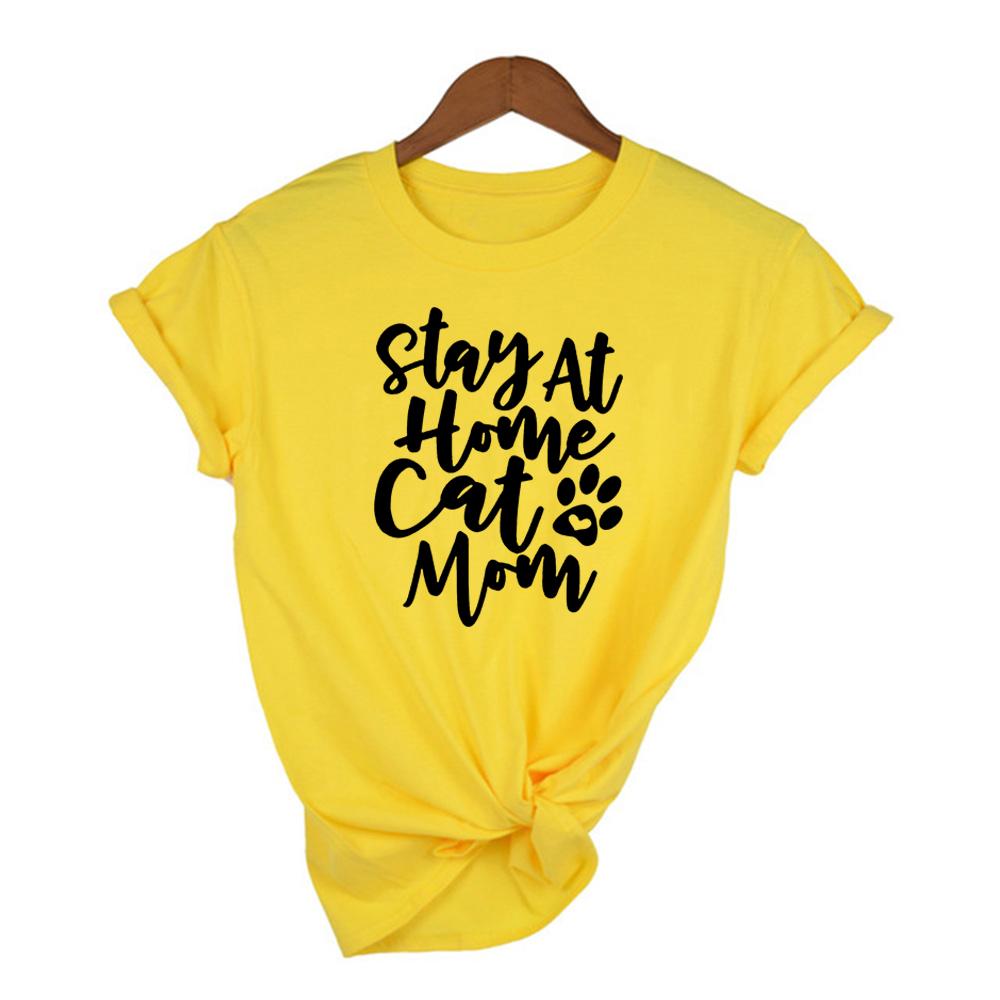 Stay At Home Cat Mom Print Women Shirts Casual Cute Cartoon White Summer Short Sleeve O