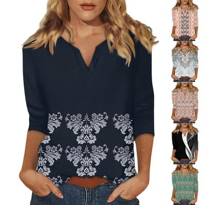 Женская футболка с воротником-стойкой и рукавами 3/4 с принтом