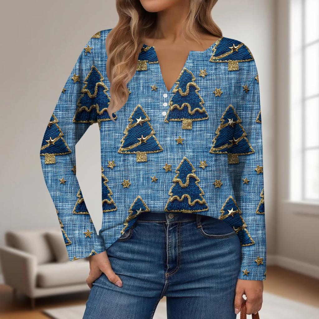 Women's Fashion Casual V-Neck Button-Up Long-Sleeve T-Shirt With Christmas Print Top