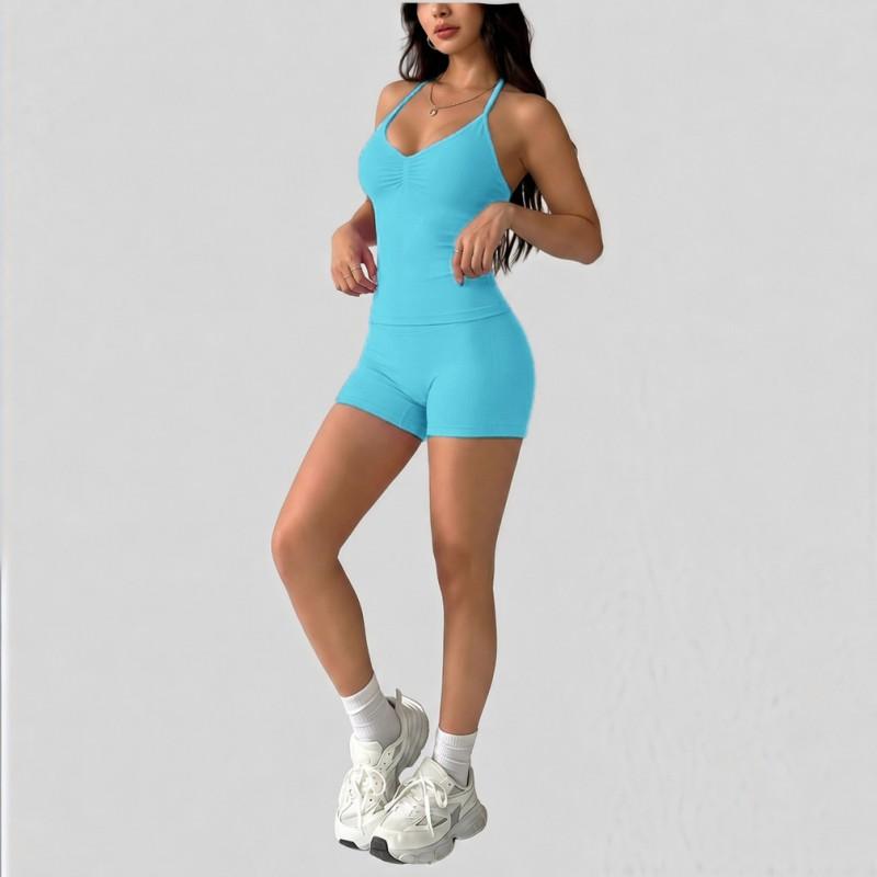 36-Color High-Waisted Ruched Neckline Crop Top Tapered Leggings Yoga Set Women With Built-in Bra Pad