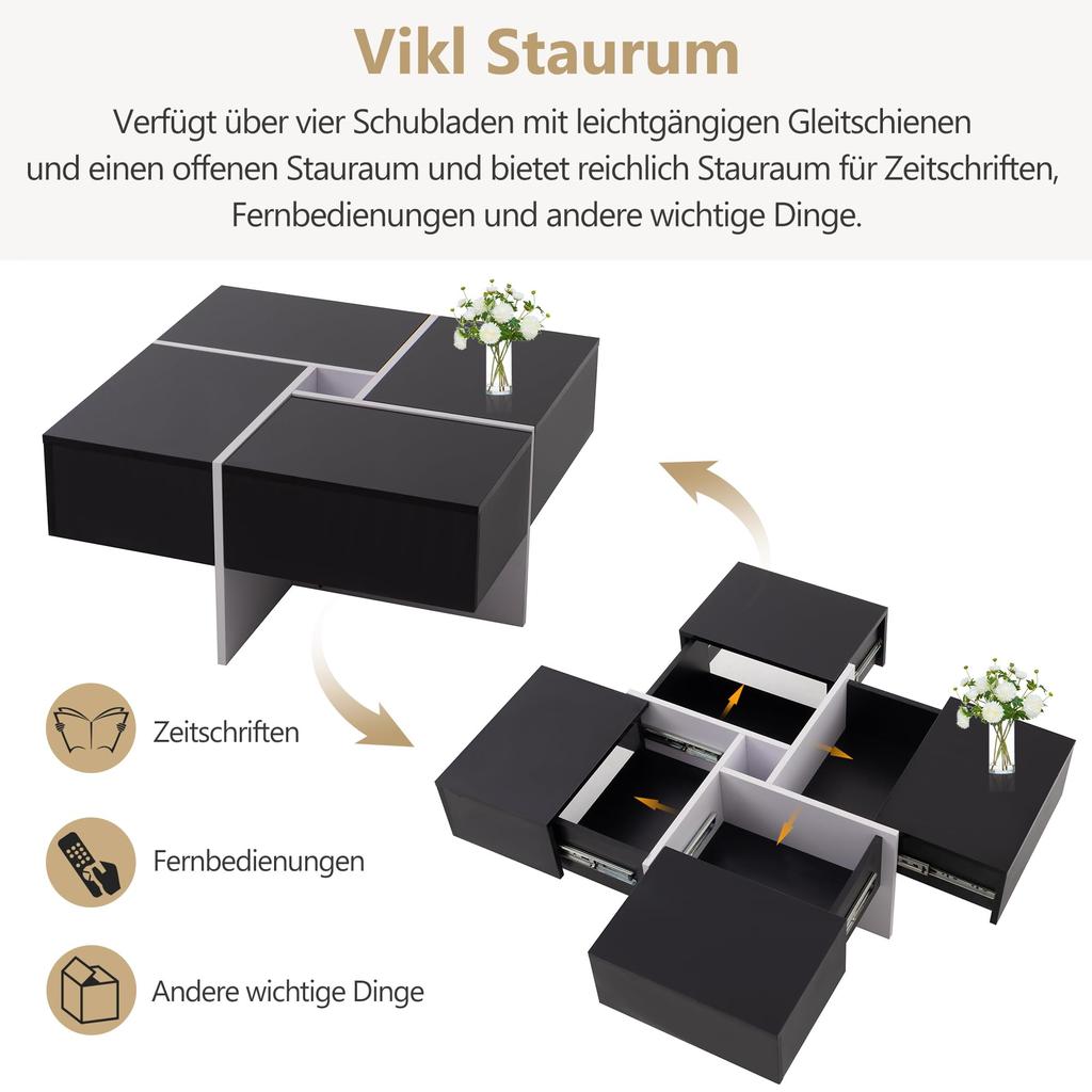 Журнальный столик глянцевый 4 ящика Современный кофейный столик Диванный столик Приставной столик Чайный столик, Офис, Приемная, До 30 кг