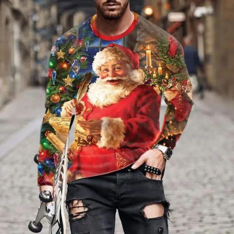 Новый год мужской рождественский Санта праздничный узор мода повседневный О воротник длинный рукав свободный уличный индивидуальный веселый плюс размер топ