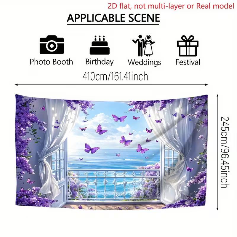 2D Summer Beach Backdrop White Curtain Purple Flower Butterfly Photo Booth Background