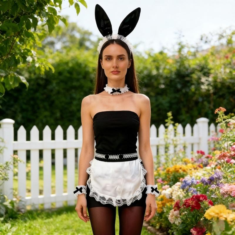 5Pcs Womens Bunnies Costume Accessories Set Rabbit Ears Headband Bows Tie Collar Cuffs Apron Maid Outfits for Womens