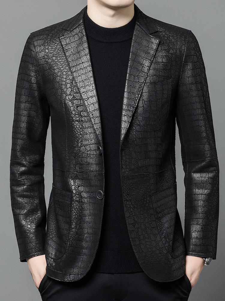 Leather Sheepskin Suit Collar Crocodile Jacket Men's Leather Leather Suit Collar Casual Jacket