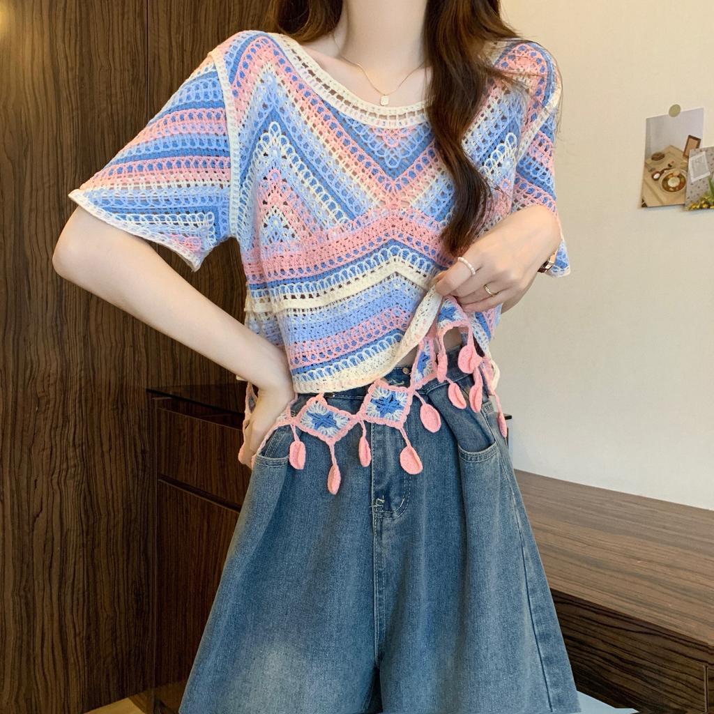 Трикотажная рубашка из ледяного шелка с вышитым ажурным узором в богемном стиле и короткими рукавами с цветочным узором в этническом стиле 1