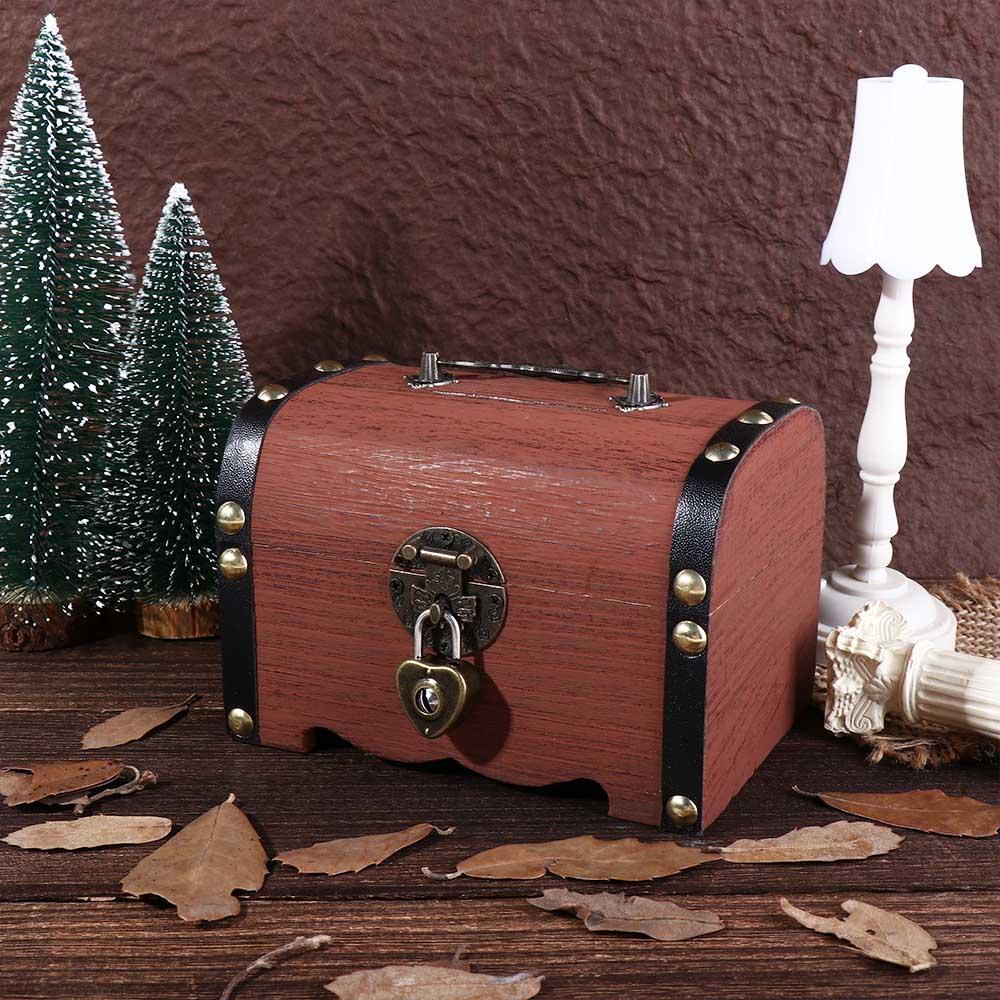 Retro Wooden Creative Decorative With Lock Storage Box Money Saving Box Treasure Box Coin Boxes