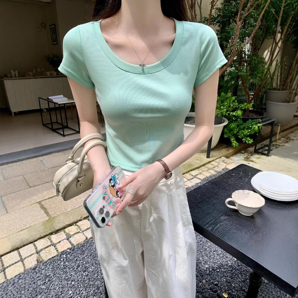 Футболка из чистого хлопка с U-образным вырезом спереди и короткими рукавами для женщин, летняя, новая, маленькая, короткая, облегающая, топ