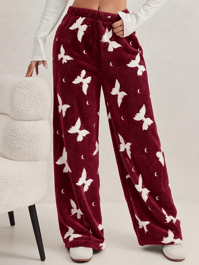 Women's autumn and winter thermal pajama pants plush flannel dream butterfly print comfortable trousers loungewear pants