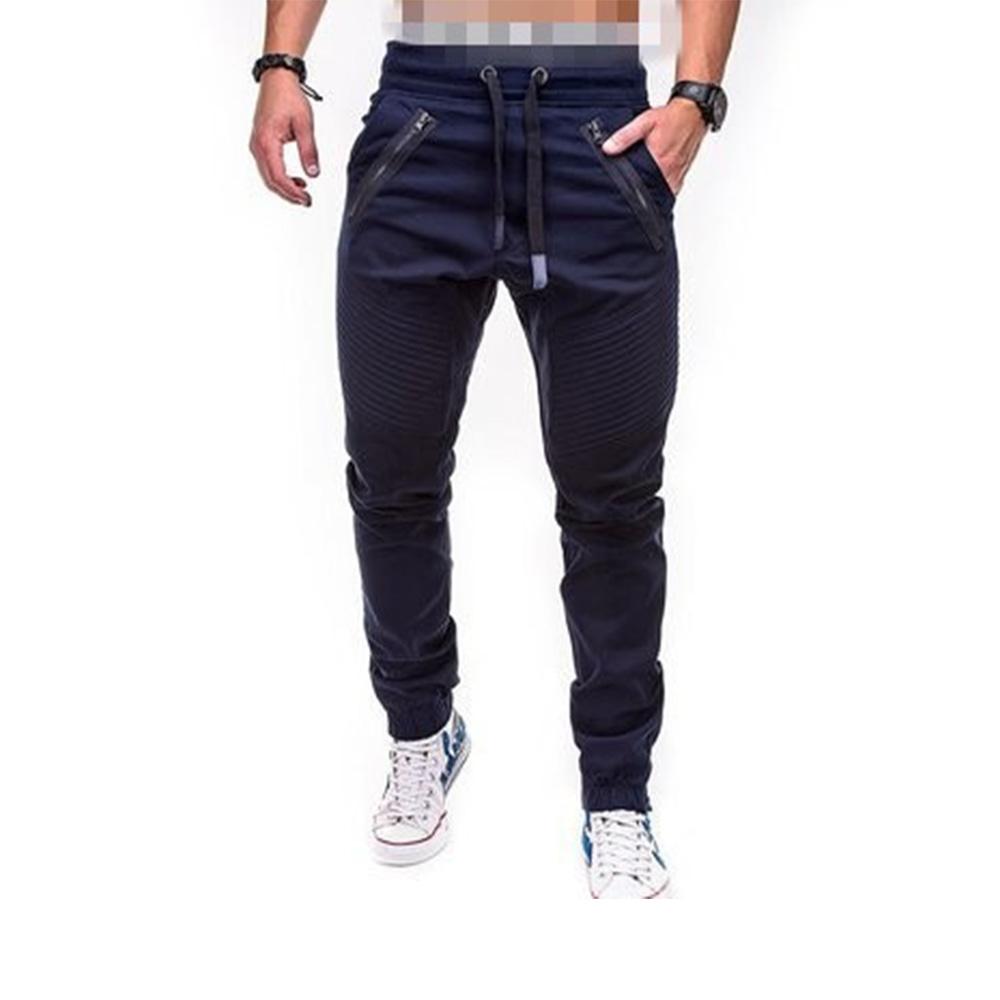 Male Casual Fashion Pants Pocket Zip Design Solid Color Retro Style Soft Jogger Drawstring Elastic Waist Trousers