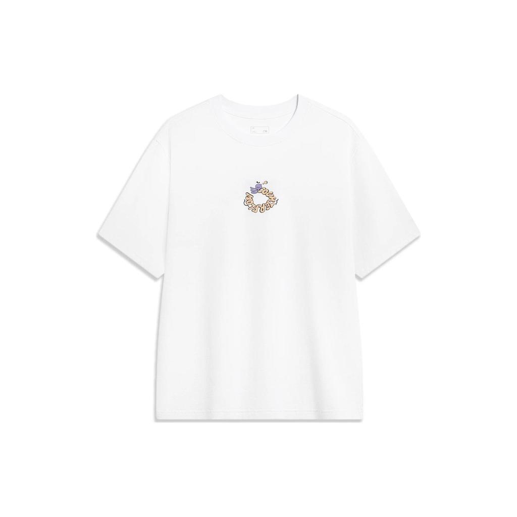 Li Ning CF Su Series Cartoonish Letter Print Loose Short Sleeve T-Shirt Unisex Tops Standard-White AHST861-2