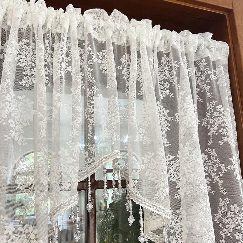 1Piece French Pastoral White Floral Lace Triangular Sheer Curtain with Crystal Bead Pendant For Kitchen Living Bedroom Door