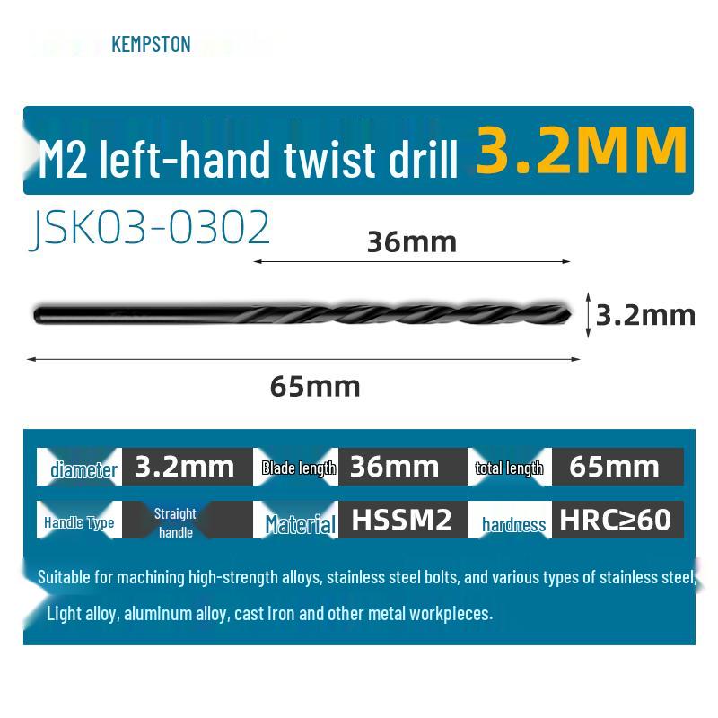 Capson M2 High-Speed Steel Left-Hand Twist Drill Bit for Stainless Steel, Straight Shank, 1-16mm