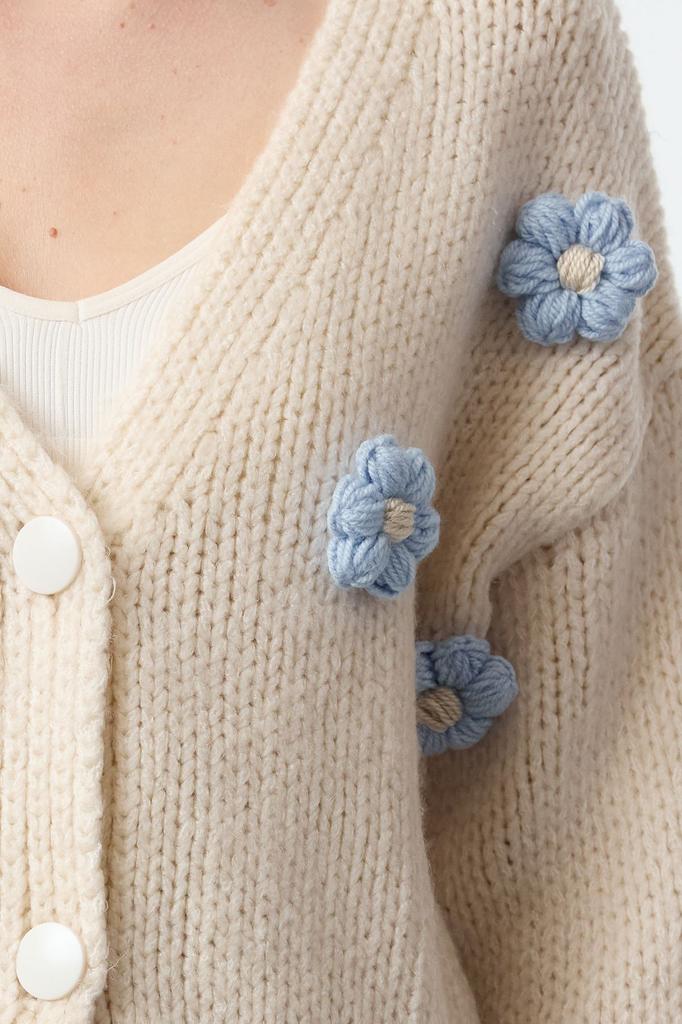 Women's Elegance Style Cardigan Stone Soft Textured Rose Detailed Knitwear Cardigan