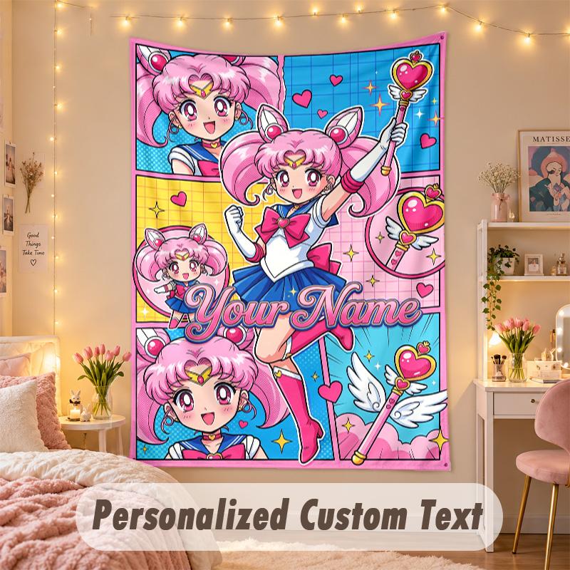 Custom Personalized Tapestry,Sailor Moon Print Custom Name Text Wall Art Hanging for Bedroom