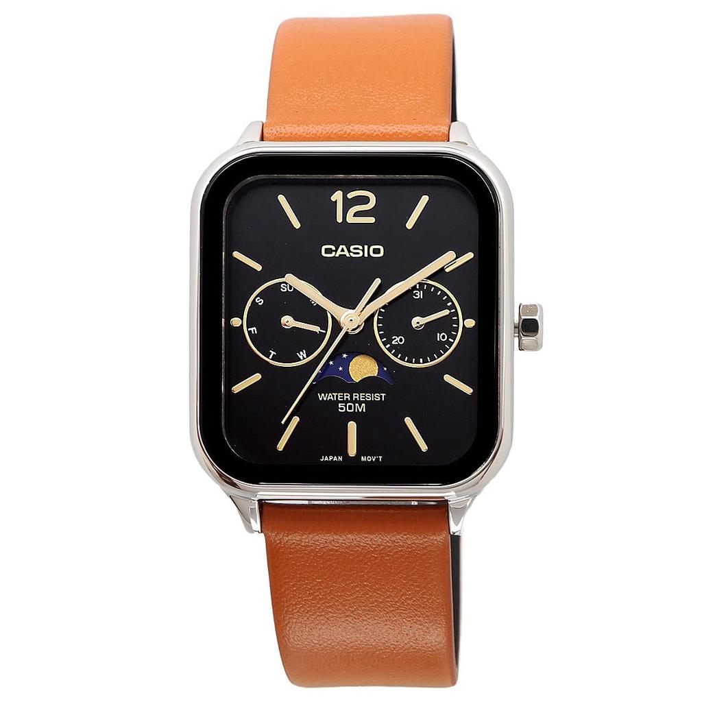 Casio Стандартные аналоговые мужские часы с индикатором фазы Луны MTP-M305L-1AV с коричневым кожаным ремешком и черным циферблатом, импортные