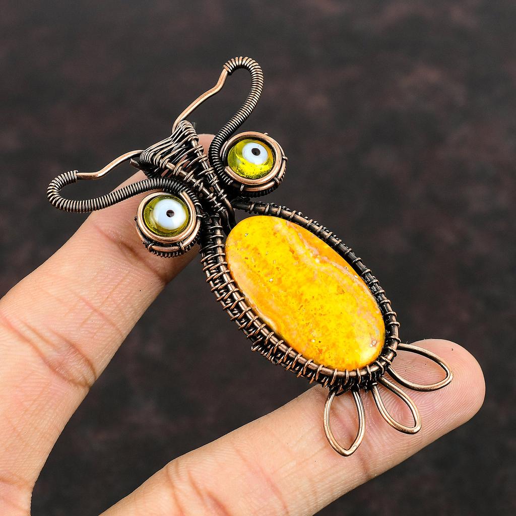 Подвеска из яшмы шмеля, медная проволока, обернутая драгоценным камнем, желтая подвеска от сглаза, ручная работа, подвеска в виде совы, медные украшения для подарка