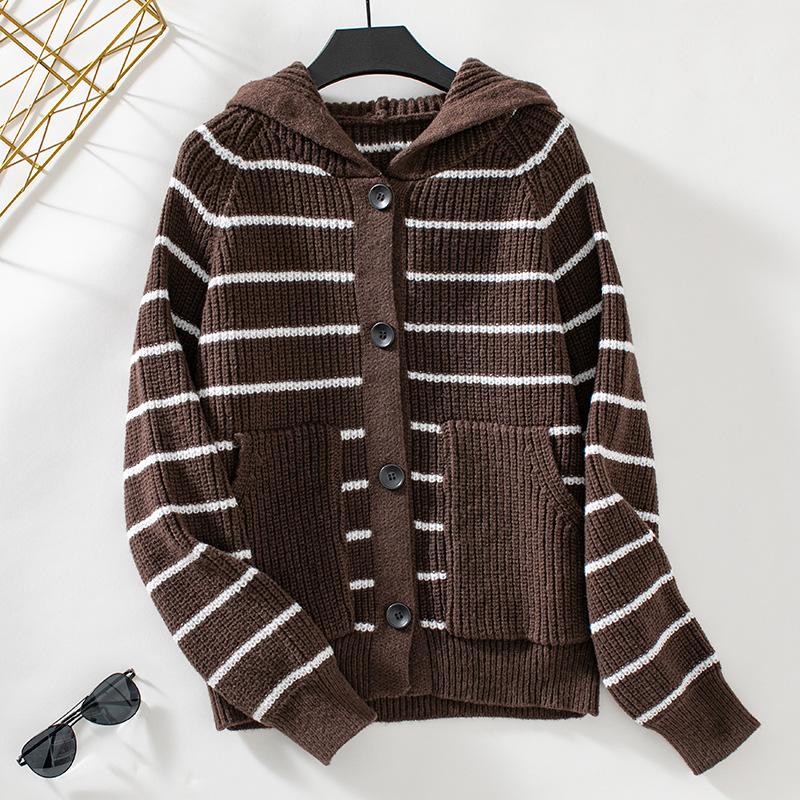 Women's Hooded Knit Loose Pocket Striped Cardigan Sweater