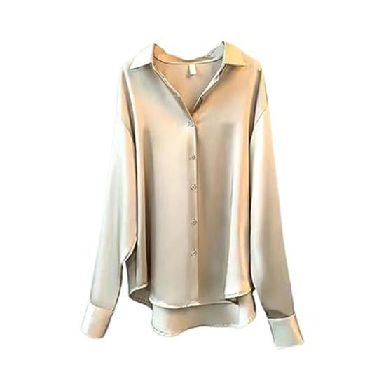 Women Shirt Lapel Long Sleeve Single Breasted Shirt Tops Solid Color Smooth Satin Loose Fit Versatile Shirt