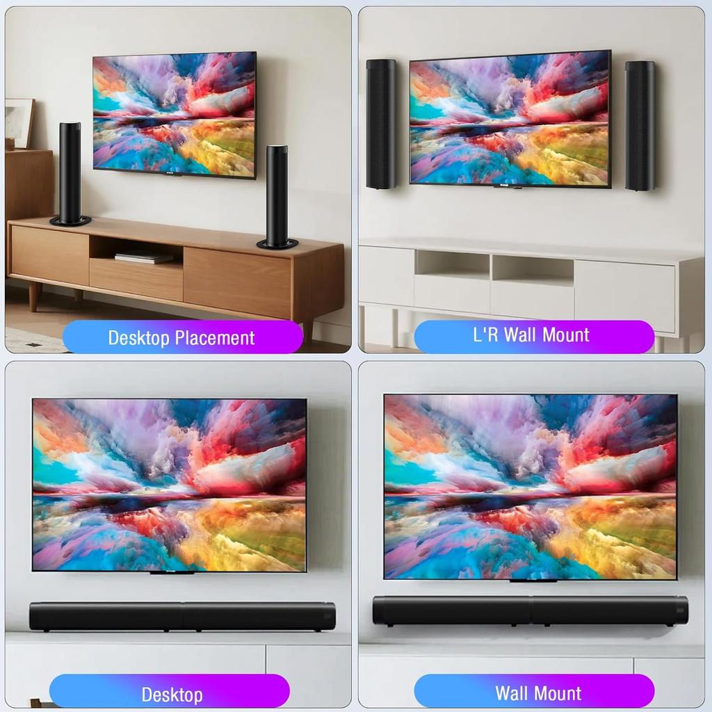 100W Sound Bar for Smart TV with 3 RGB Lights Modes, Bluetooth 5.3 ARC/Opt/AUX Connect Detachable 2-in-1 Speaker3 Equalizer Modes