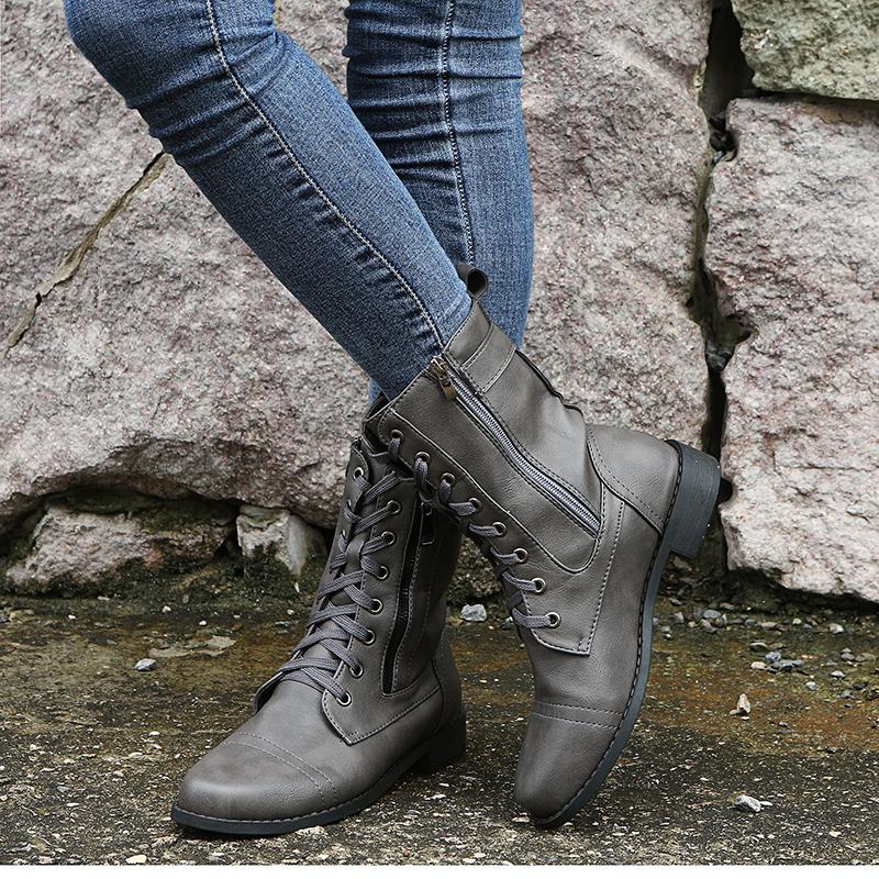 Fashion Retro Autumn/Winter Women's Western Cowboy Boots Lace Up Solid Color Side Zipper Low Heel Mid Calf Motorcycle Boot Goth Shoe