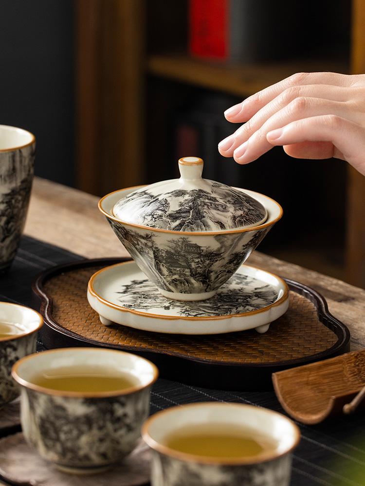 130 мл фарфоровый набор гайвань Ru Kiln Landscape для чая супница чайная посуда чашка китайская желтая керамическая открывающаяся чаша для чая чайная церемония