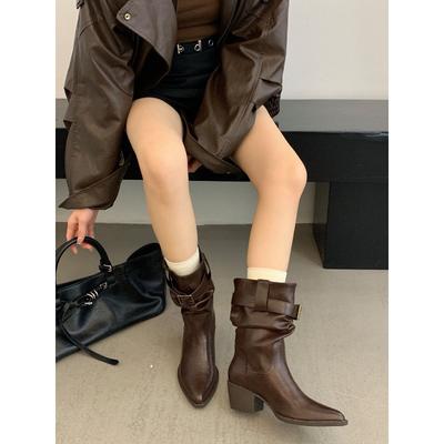 Хан Баола 2025 новые западные замшевые полусапожки с острым носком, тонким каблуком, низким каблуком, универсальным ремешком, модные сапоги