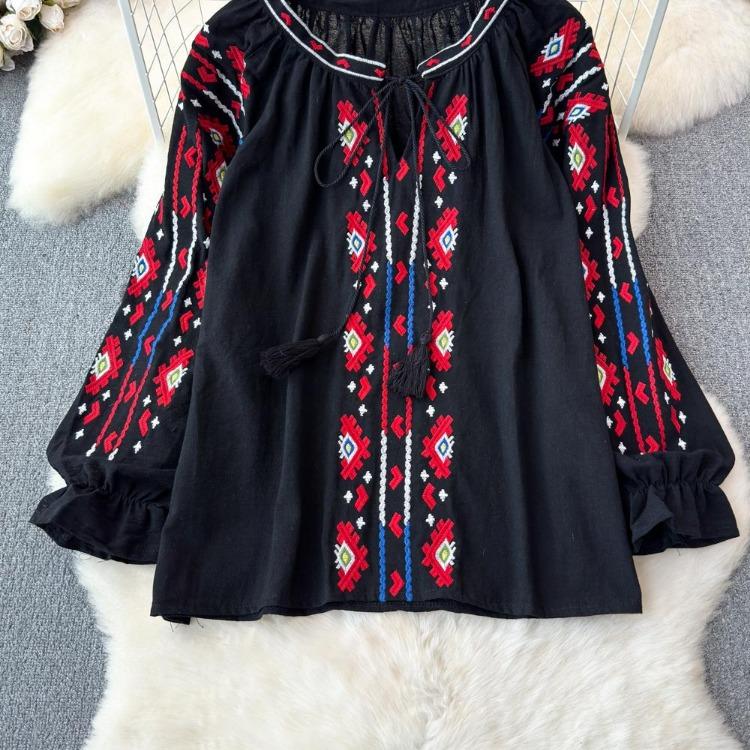 Summer Vintage Women Blouse Embroidered Puff Sleeve Color Block Ethnic Style Camisa Feminina Casual Tops