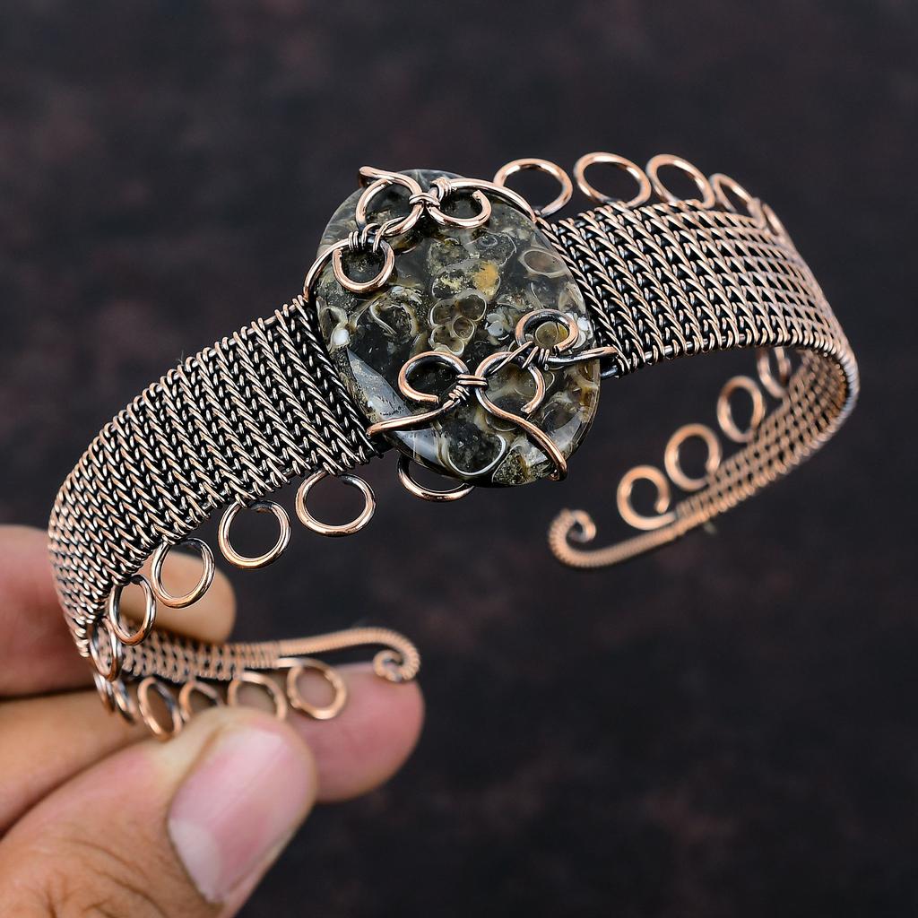 Turritella Agate Cuff Bracelet Copper Wire Wrapped Gemstone Jewelry Handmade Adjustable Cuff Bracelet Copper Wire Wrap Bangle Gift For Mom