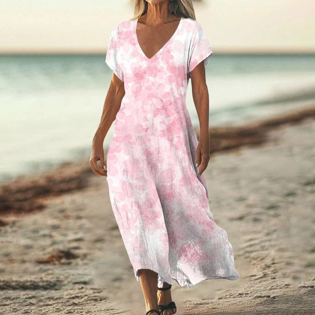 Модное женское летнее пляжное платье с V-образным вырезом и коротким рукавом с винтажным цветочным принтом