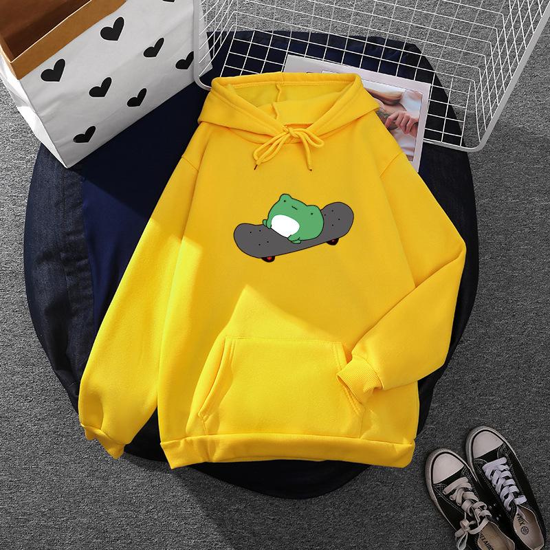 Женские осенне-зимние скейтборды с лягушкой и принтом, универсальные толстовки с капюшоном на шнуровке