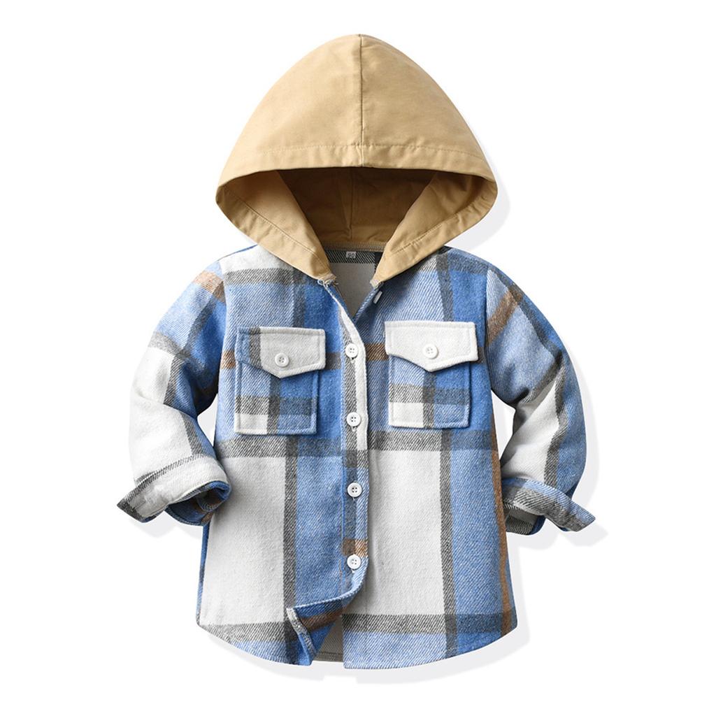 Kids Toddler Flannel Shirt Jacket Plaid Long Sleeve Lapel Button Down Shacket Baby Boys Girls Fall Shirt Coat Outwear Wiht Hooded
